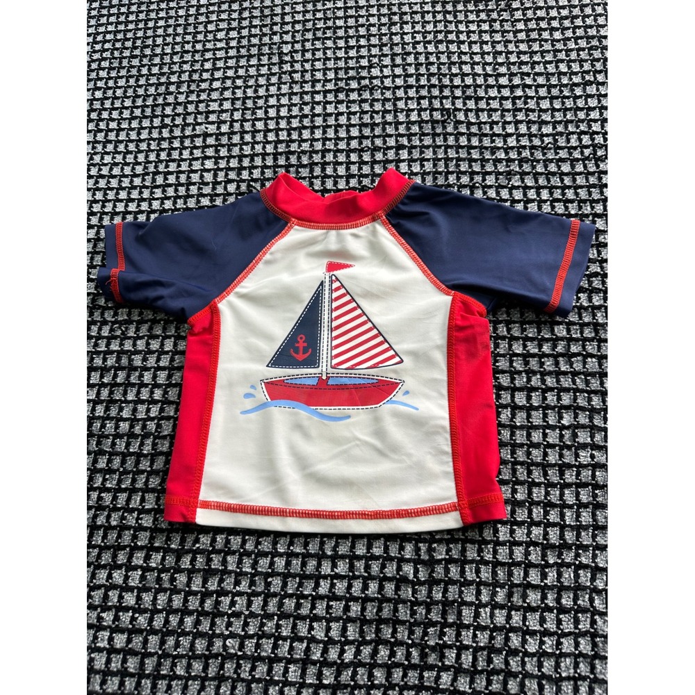 Little Me Rash Guard Swim Top Baby Boy 6-9M Red Navy White Excellent Sailboat